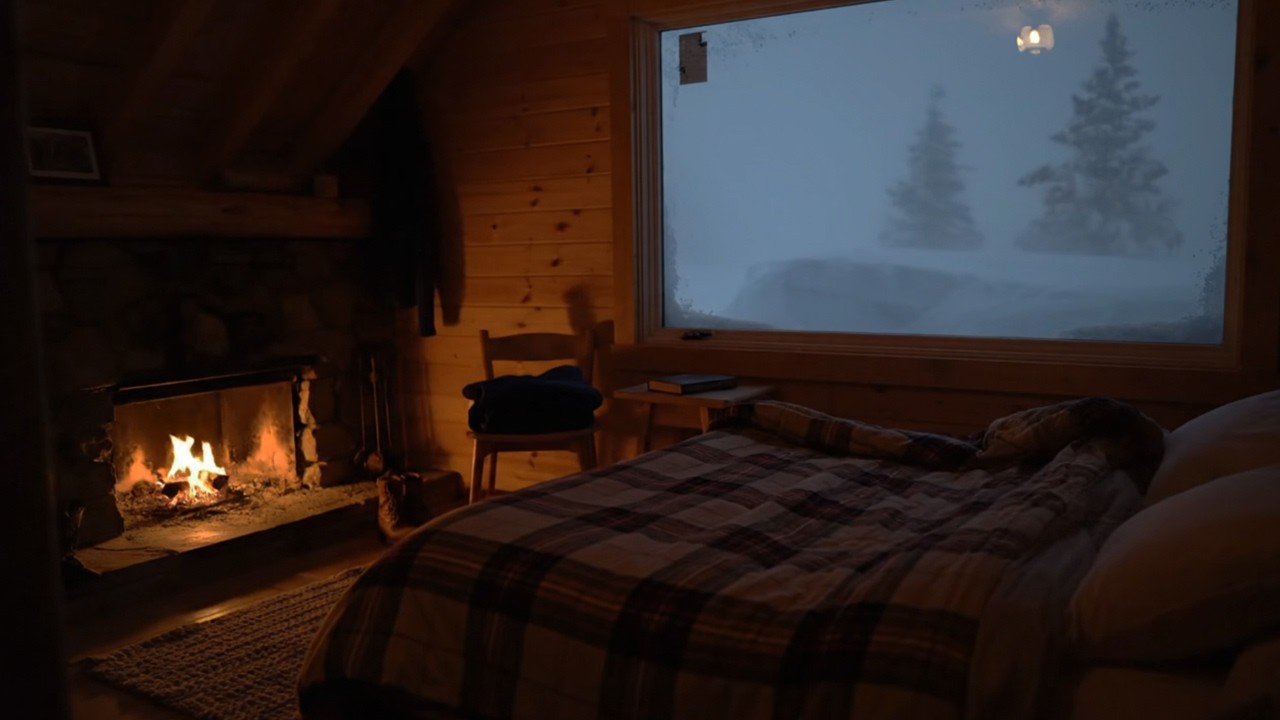 Snowed In Cabin Bedroom During a Blizzard ❄️ Bed, Fireplace & Wind Sounds for Deep Sleep