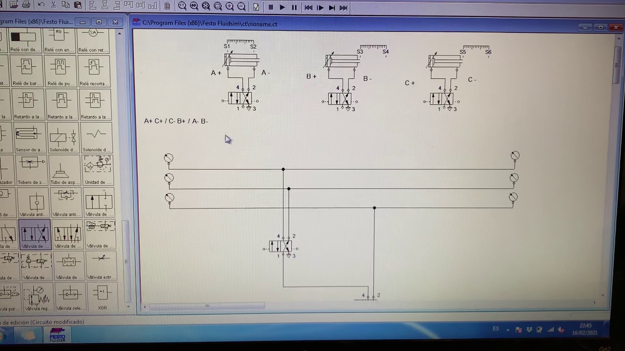 Método cascada con tres cilindros de doble efecto. NEUMATICA.