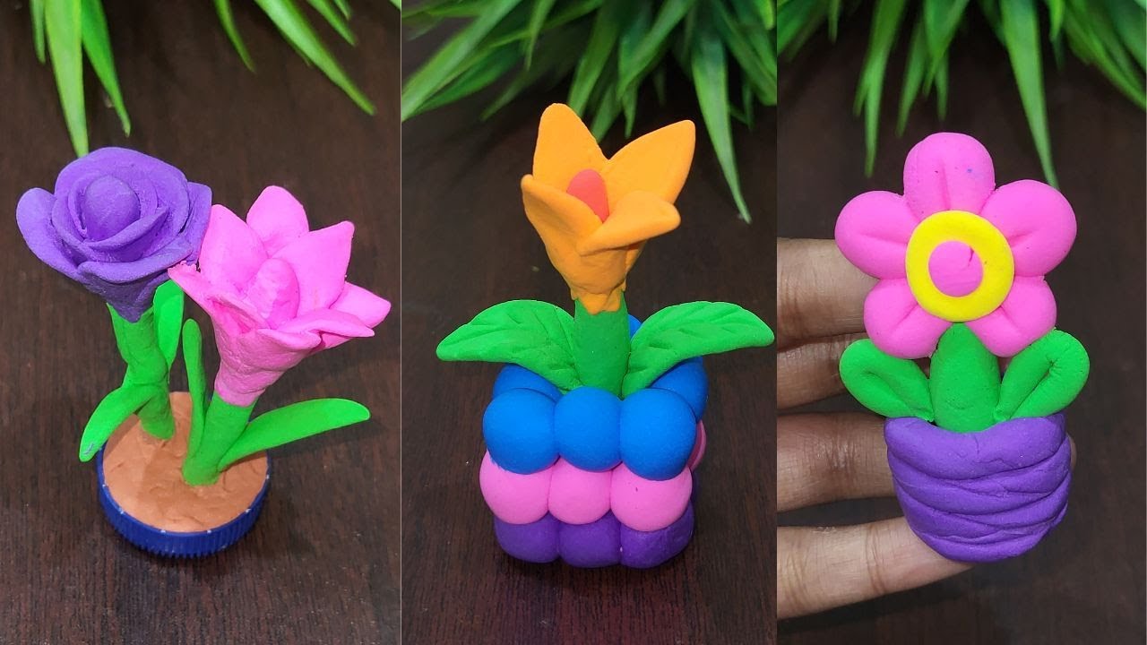 Diy Clay Flower With Vase Ideas || Clay craft ideas for Beginners