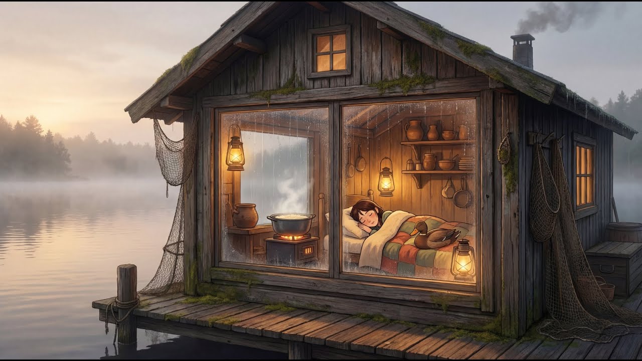 Quiet Dawn in a Lakeside Boathouse | Rice Porridge, Oiled Lanterns & Soft Rain on Wood | Cozy ASMR