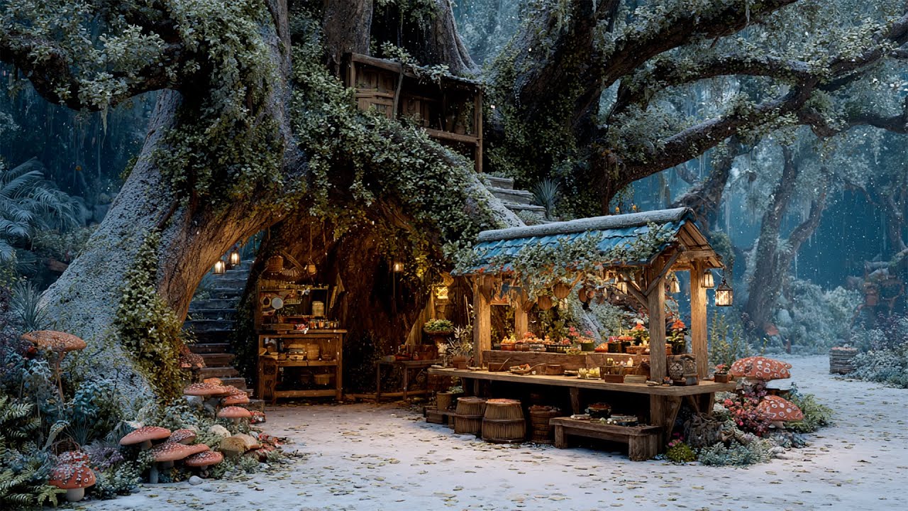 tranquility fairycore treehouse winter forest | magical fantasy winter music & snow ambience