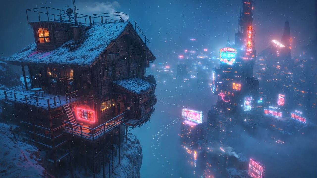 Lofi Zen &ndash; Lo-fi Beats from a Snow Covered Cabin Above the Neon City | Chill, Focus, or Sleep | 4K