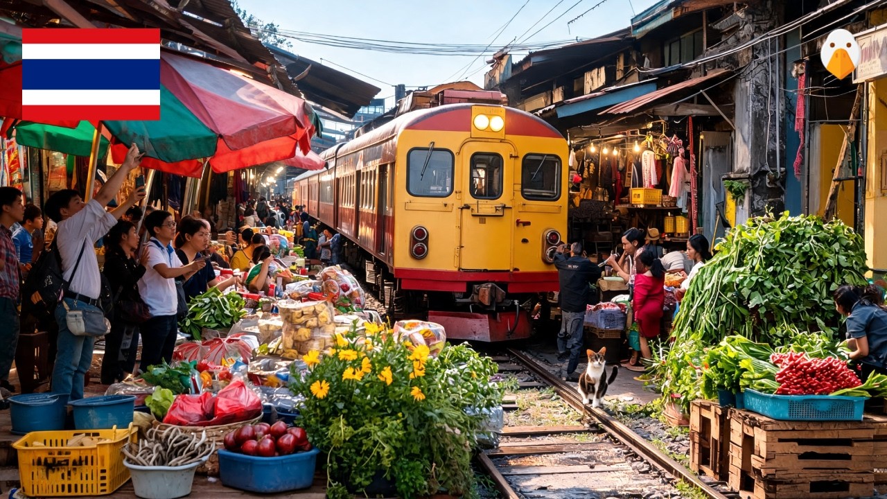 Железная дорога Меклонг, Таиланд🇹🇭 Самый опасный железнодорожный рынок в Таиланде (4K HDR)