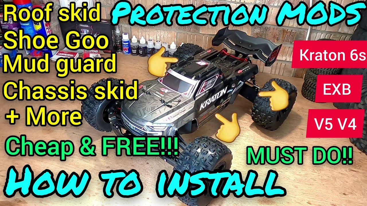 Arrma Kraton EXB V5 V4 6s PROTECTION MODS! Roof skid, rpm chassis skid, Shoe Goo, Mud guards Fan mod