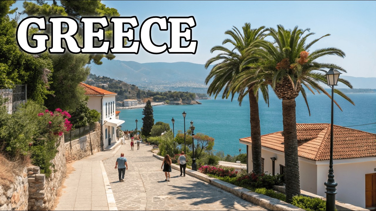 Sunny Greece 4K Walking Tour 🇬🇷 Sea Views, Palm Trees & Coastal City Life | Real Sounds