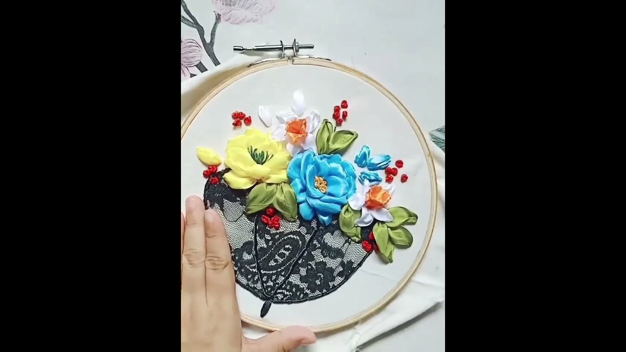 Ribbon Embroidery Design - Flowers in Black Umbrella