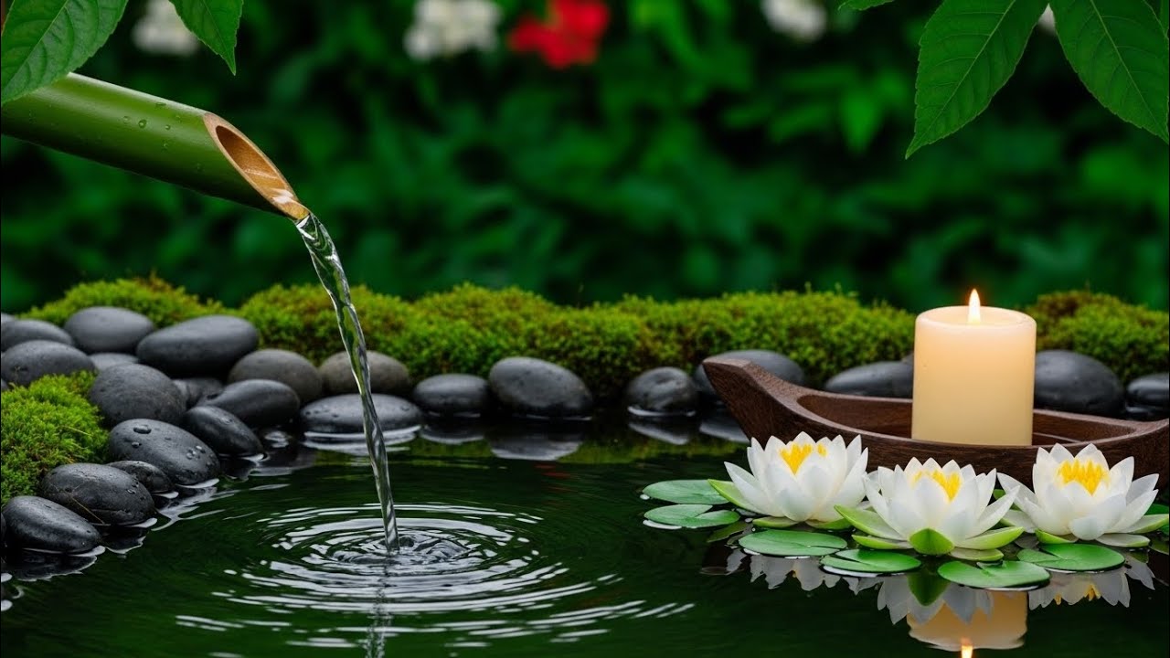 Bamboo Water Fountain + Beautiful Piano Music 🌿 Relaxing Music to Sleep In Peace, Meditation Music