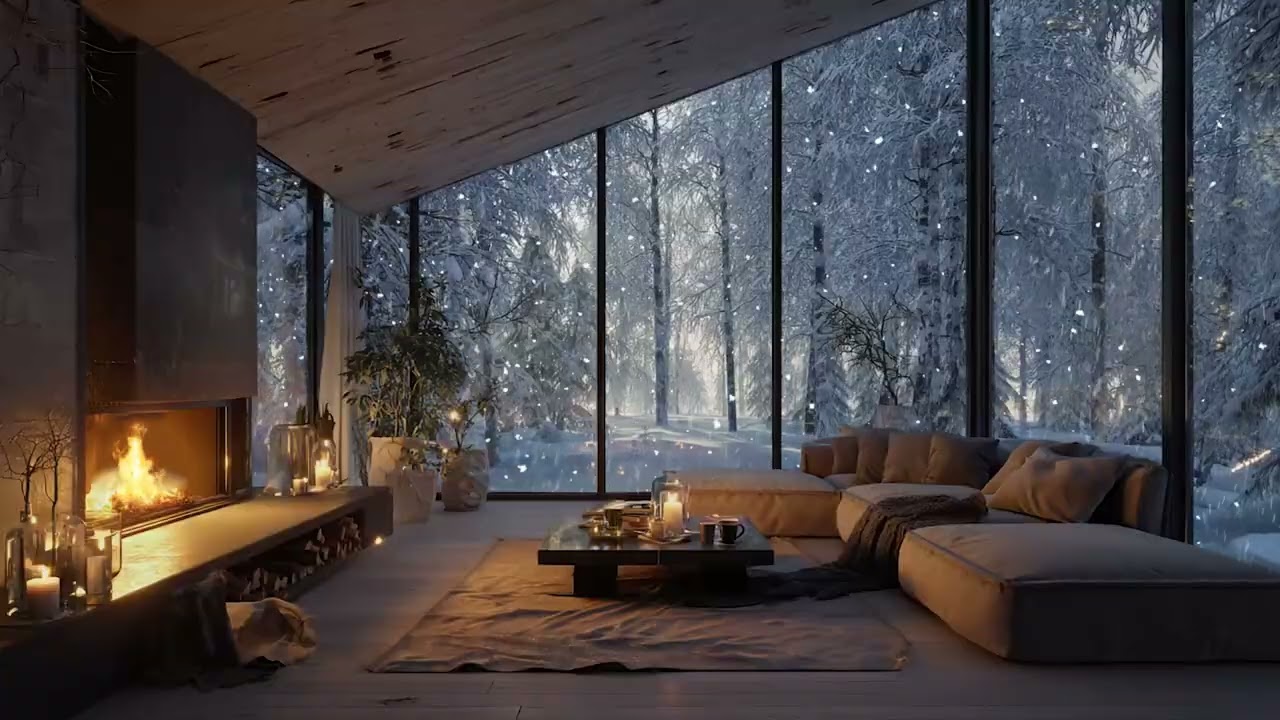 🤍❄️White Piano Winter Room | Snowy Night Window Ambience with Fireplace
