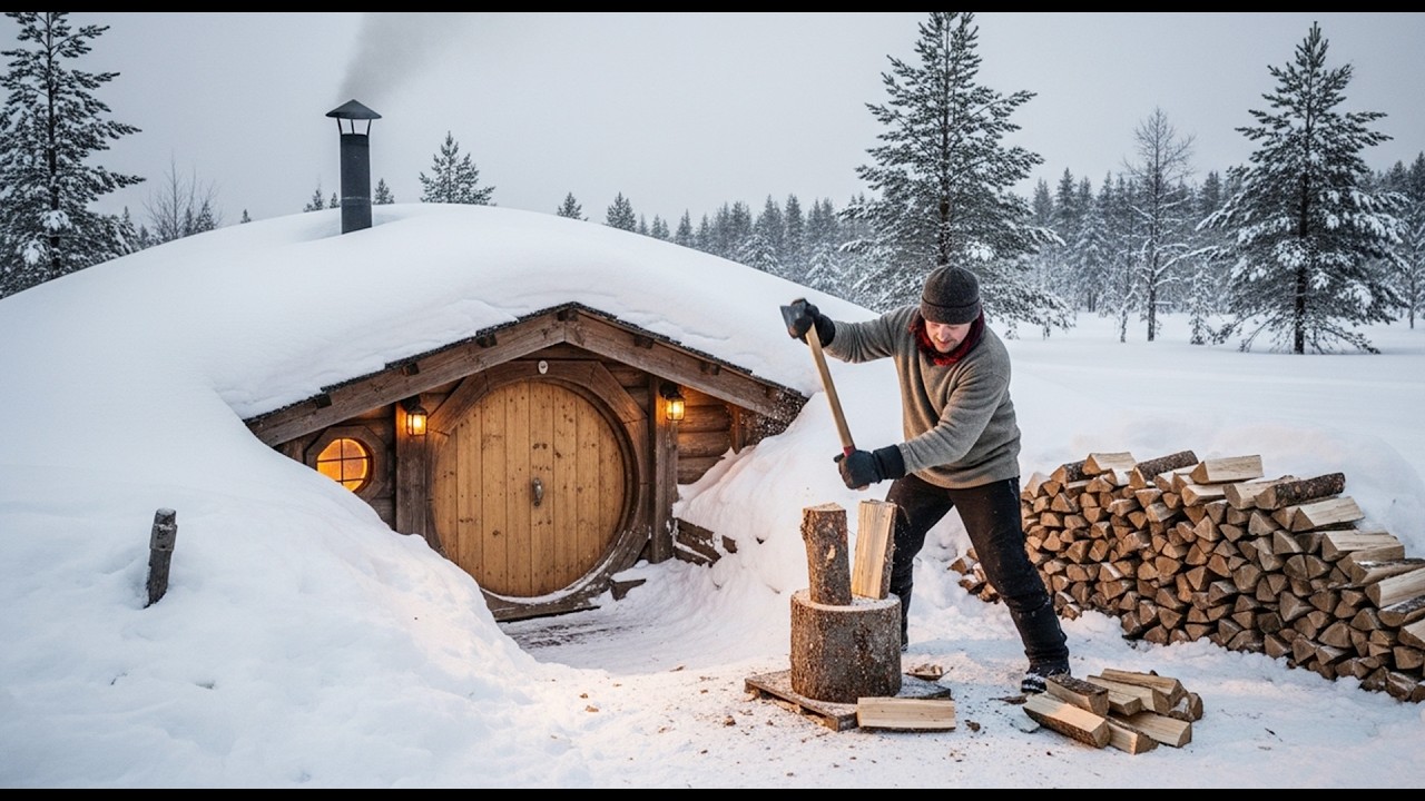 Underground Cabin in Deep Snow – Preparing Firewood for Winter Survival