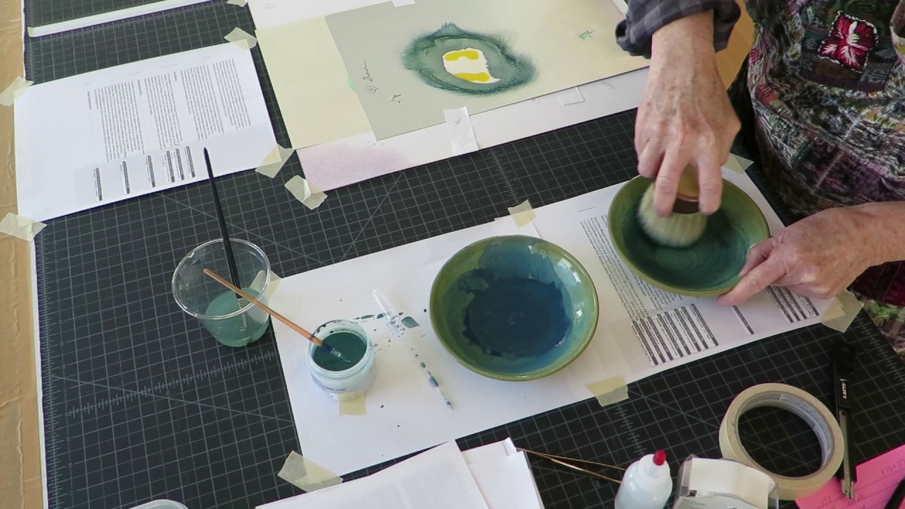 Pochoir technique: applying dark green over yellow