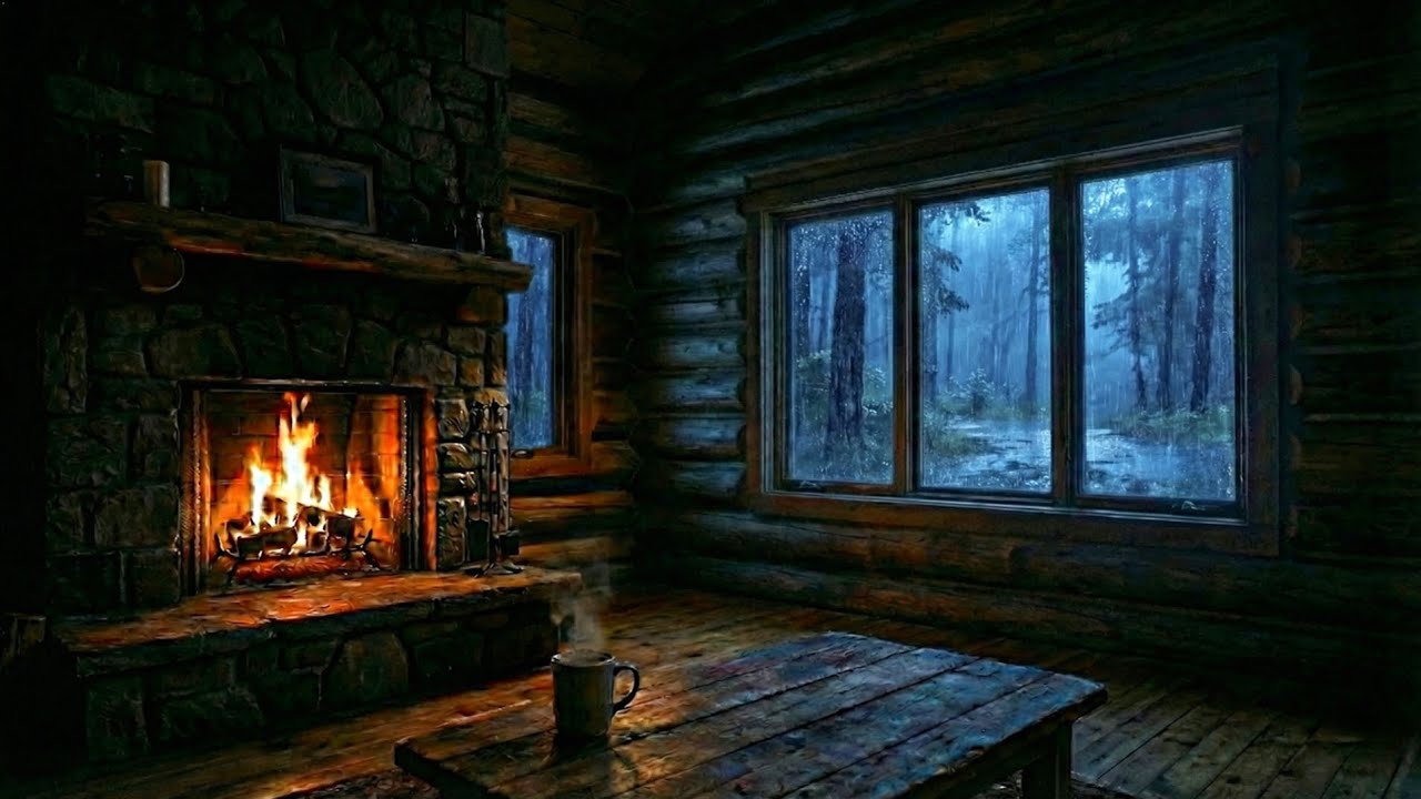 Cozy Cabin Living Room Storm 🌧️🔥 | Heavy Rain & Fireplace (8 Hours)