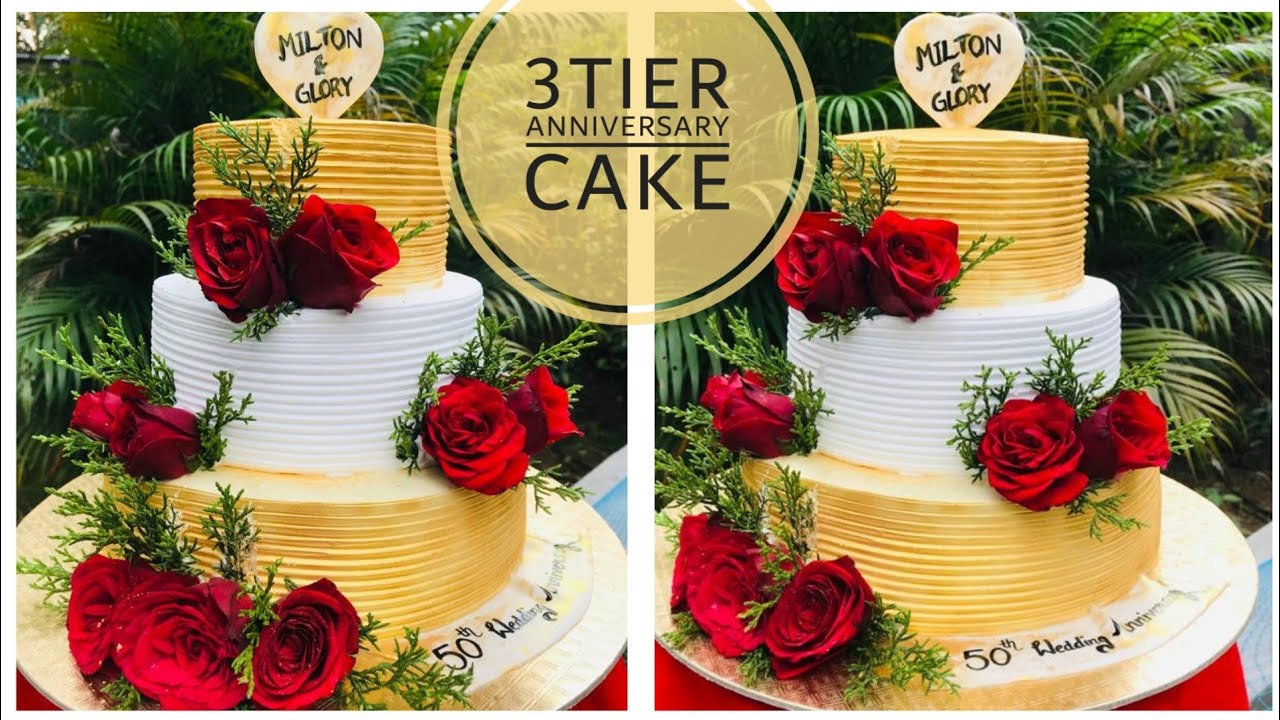 3kg 3tier 50th Wedding Anniversary Cake|| Golden Effect On Whipped Cream Cake Without Air Brush||