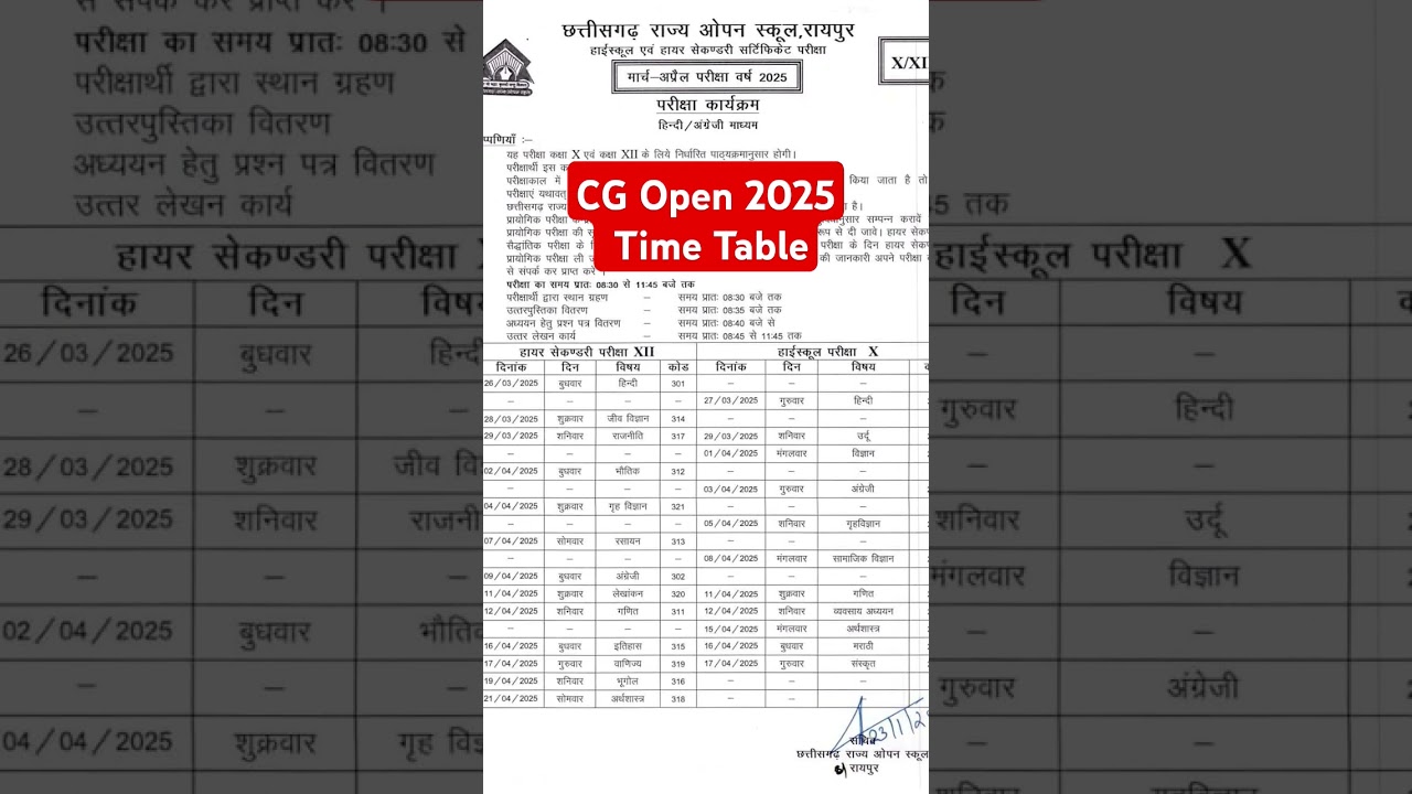 CG Open School 2025 exam time table, chhattisgarh Open School #timetable #cgopen