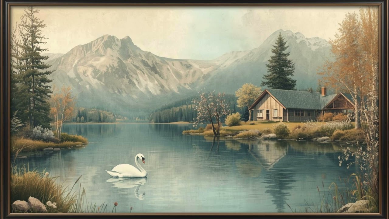 4K | 2 Hours Framed Painting Screen | Peaceful Swan Lake Mountain Landscape