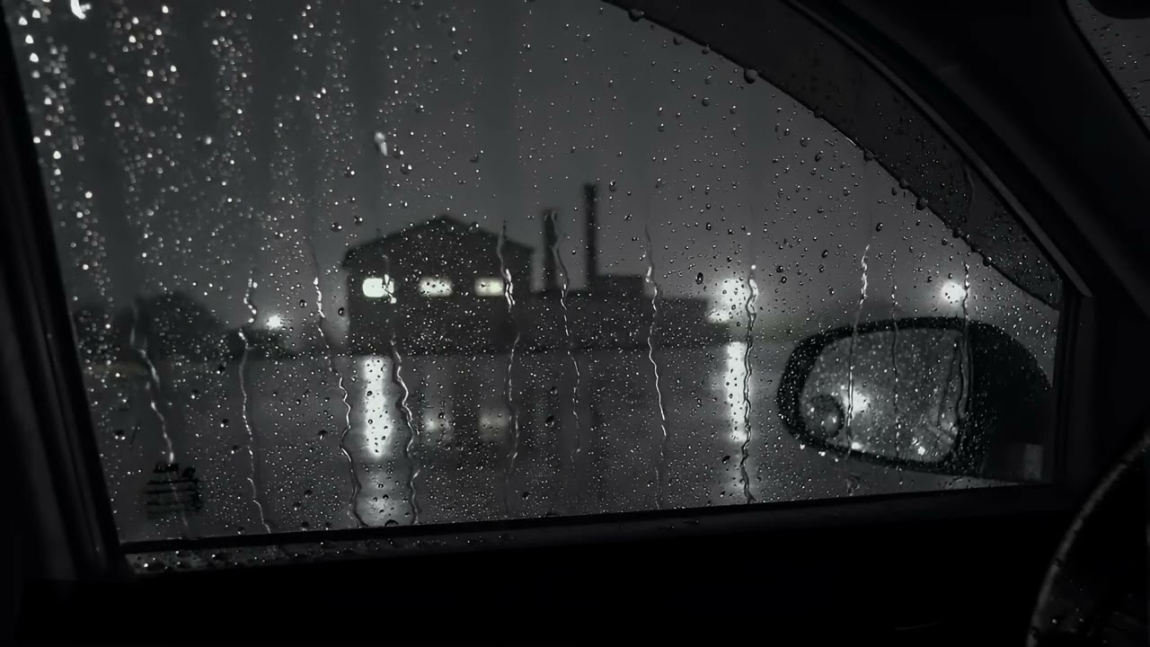 Wipe off Insomnia with Heavy Rain & Thunderstorm Rumbling on Cozy Car in Overcast Forest at Night