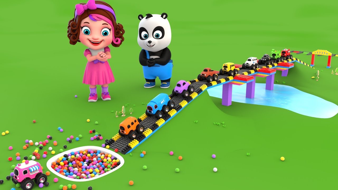 Pinky and Panda play with Monster Cars and Color Balls