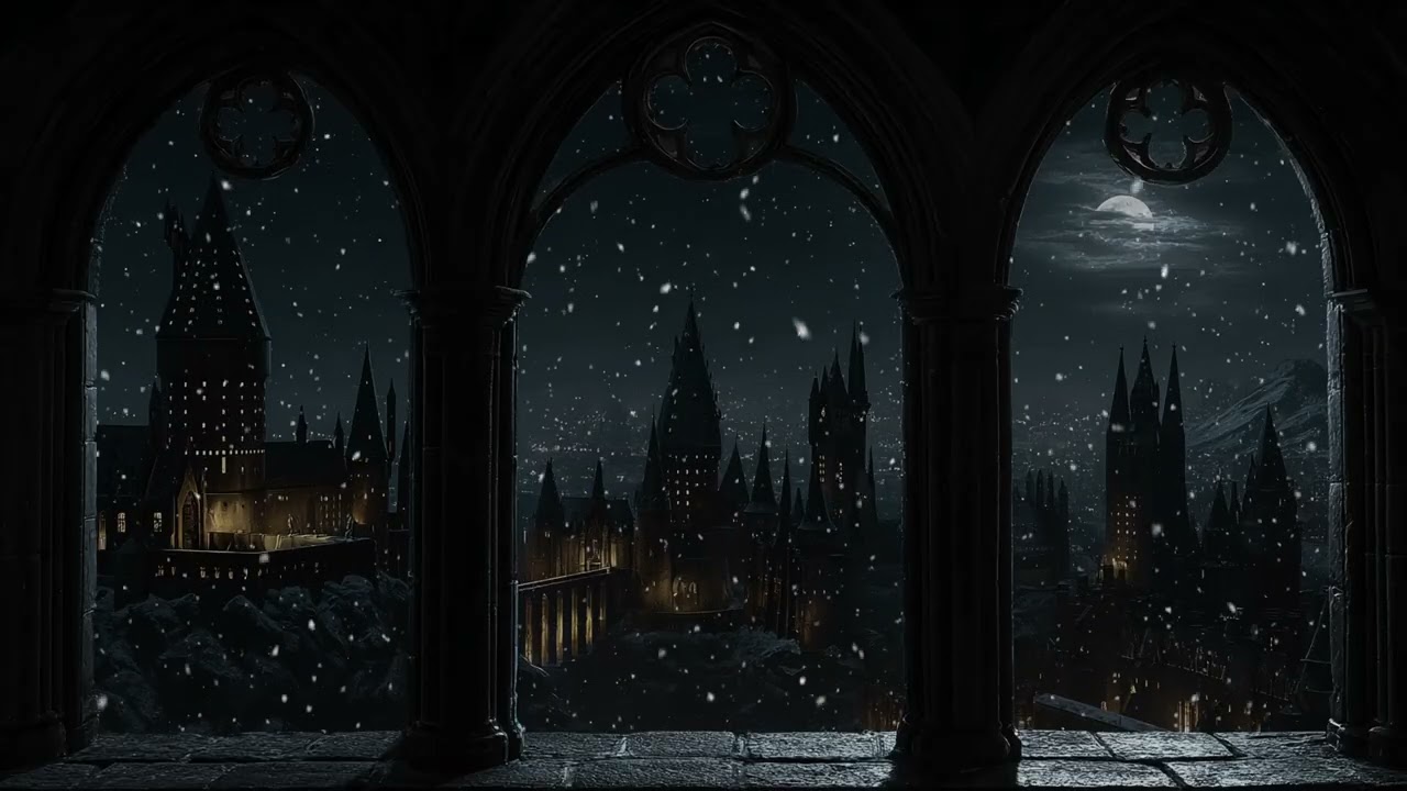 Hogwarts Snowy Night Window View | Calm Winter Castle Ambience for Focus, Relaxation and Rest