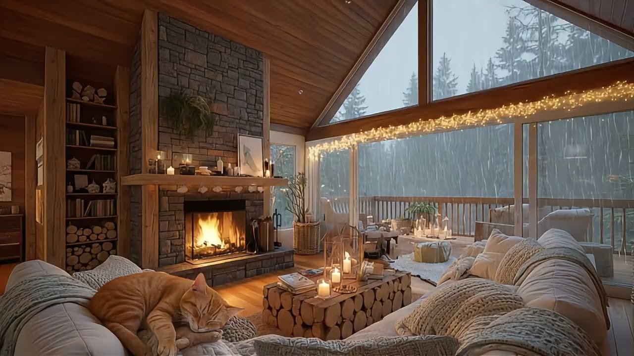 Rain on Window from a Forest Balcony 🌧️ Fireplace, Sleeping Cat & Smooth Jazz
