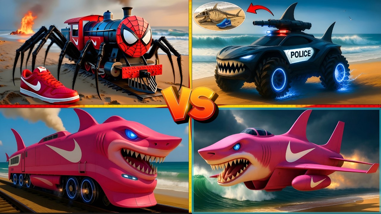 MEGA SHARK 🎉🥳 SHARK AIRPLANE 🆚SHARK TRAIN 🆚 POLICE 🆚BRAINROT SPIDERMEN TRAIN