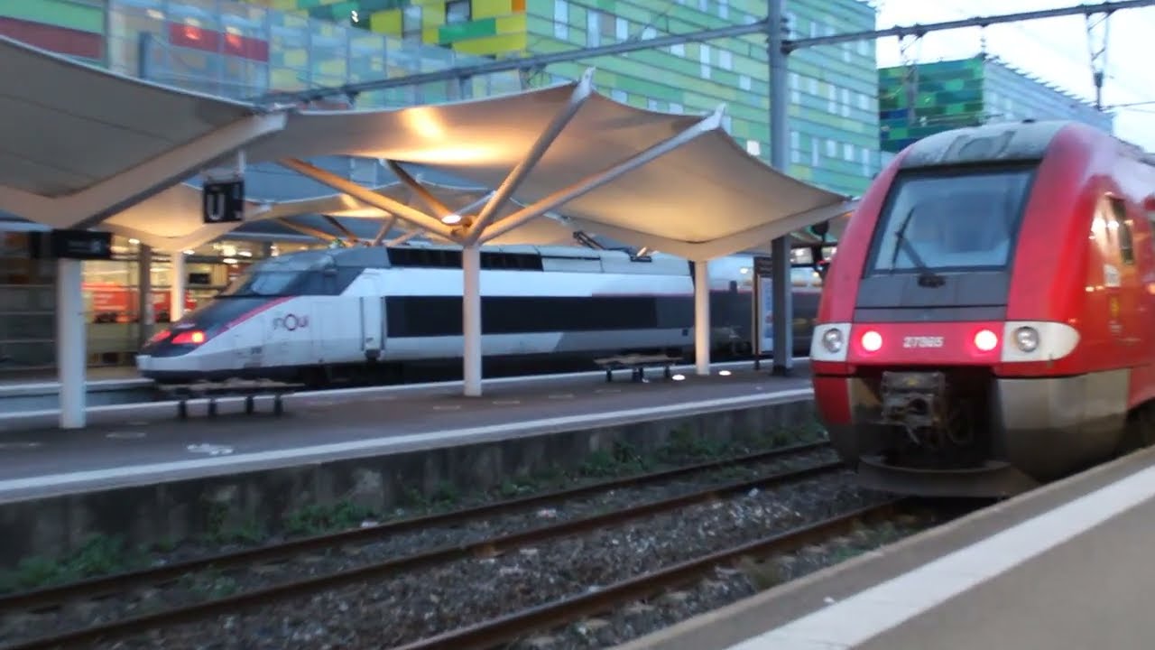 Train Bombardier TER Lio Occitanie arriving at Gare SNCF Perpignan