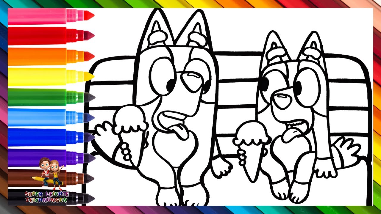 Zeichnen und Ausmalen von Bluey und Bingo beim Eis essen 🐶🍦🌳 Zeichnungen f&uuml;r Kinder