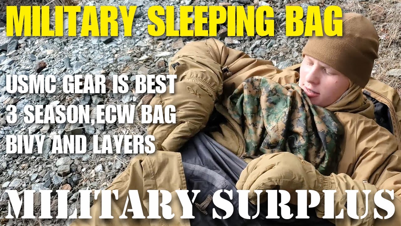 Military Extreme Cold Weather Gear: ECWCS happy suit, cold weather sleeping bag, poncho liner
