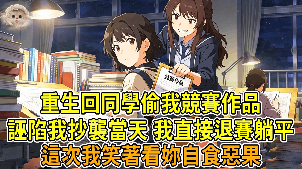 上一世，同學偷我競賽作品，我找導師舉報，導師為學校聲譽讓我沈默。他反咬我抄襲發平臺，我被取消金獎資格。事後他炫耀用廢稿換金獎值了，我萬念俱灰。再睜眼，回到發現作品被盜那天。