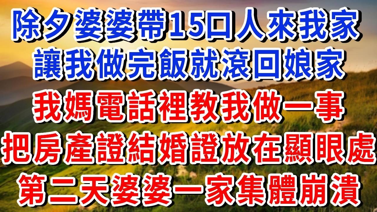 除夕夜，婆婆帶15口親戚在我家過年，說我是外人讓我做完飯就回娘家，我媽電話裡教我把房產證和結婚證擺在顯眼處，我回娘家第二天，婆家全崩潰了#書婷講故事 #為人處世#生活經驗#情感故事#哲理#說故事