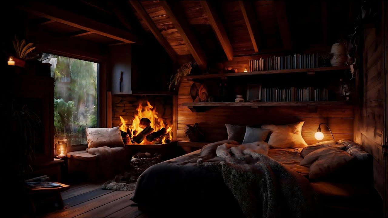 Deep Sleep Rainstorm Ambience | Cozy Bedroom, Thunder, Wind & Fireplace Sounds (No Ads)