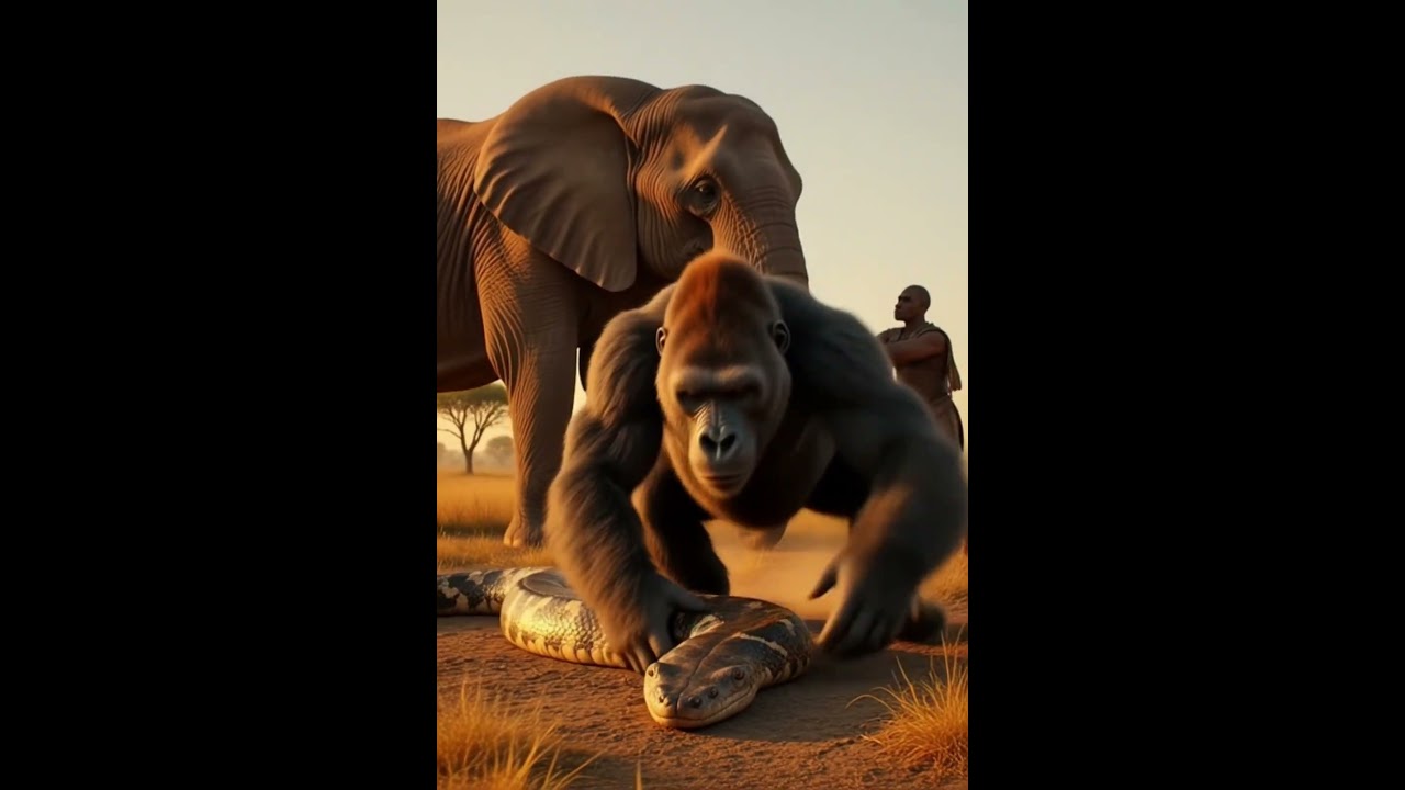 Gorilla and Warrior Save Elephant from Anaconda”