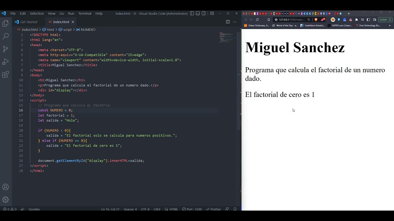 Programa que calcula el factorial de un numero en javascript