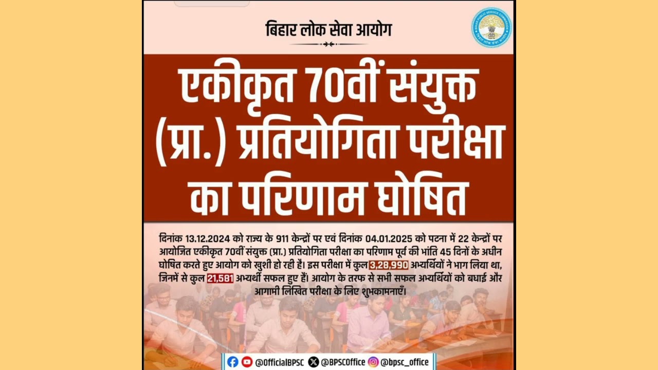 70th BPSC PT Result Out | 70th BPSC Prelims Result 2025