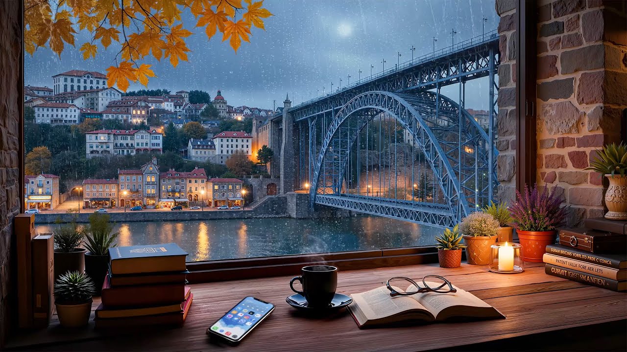 Cozy Study Room Rain Ambience in Porto 🌧️ Warm Jazz Music and Rain Sounds for Focus, Study