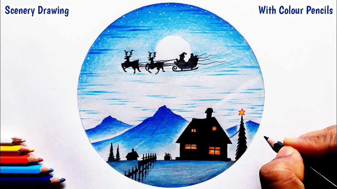 Pencil Colour Drawing - Of Christmas Day Scenery | Easy Ice Mountain Scenery with Christmas Drawing