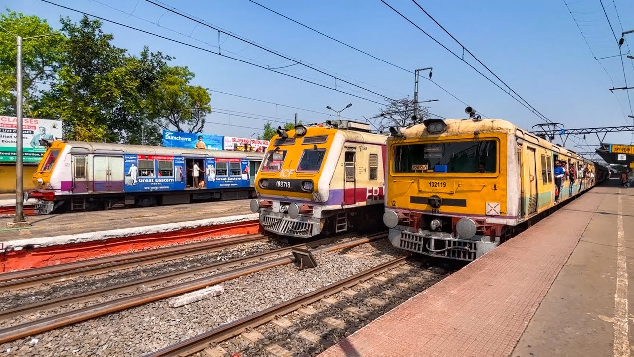 Unique model trains crossing at busy Belur station | Four local trains at four platform!