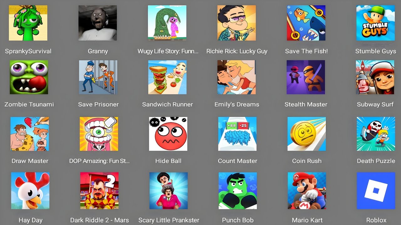 Spranky survival,Roblox,Hay Day,Stumble Guys,Mario kart,Zombie Tsunami,Subway Surfer,Coin Rush 