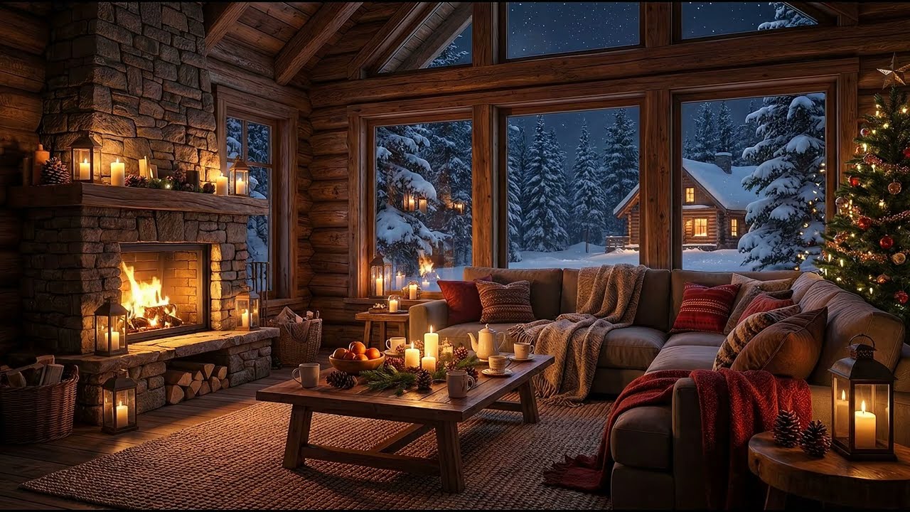 🔥Cozy Fireplace Crackling 4 Hours | ❄️Snowy Cabin Views | Winter Ambience | 4K UHD
