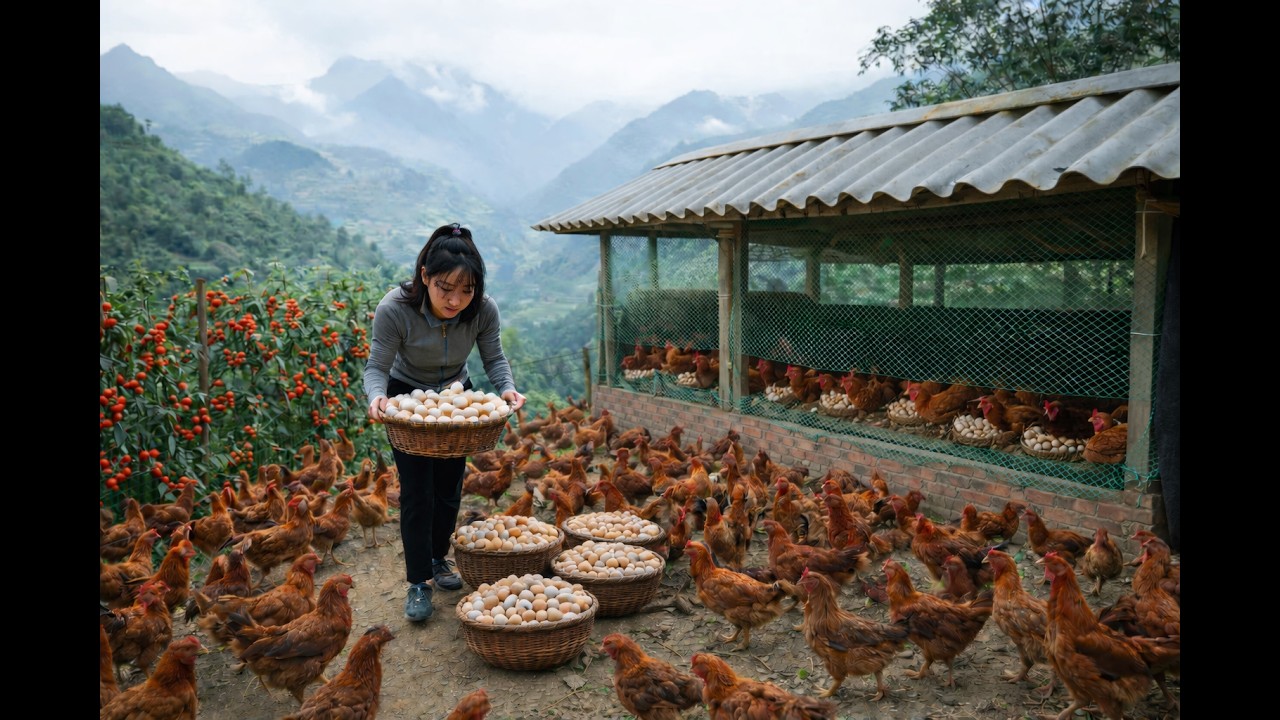 Leaving the city to start a life in the forest: gardening. Harvesting chicken eggs and tomatoes.