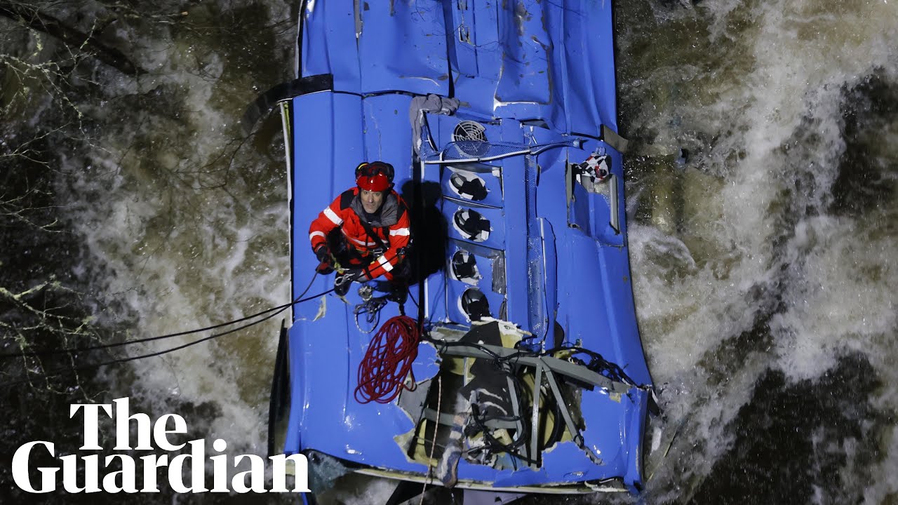 Rescue efforts after bus in Spain plunges off bridge into river, killing six people