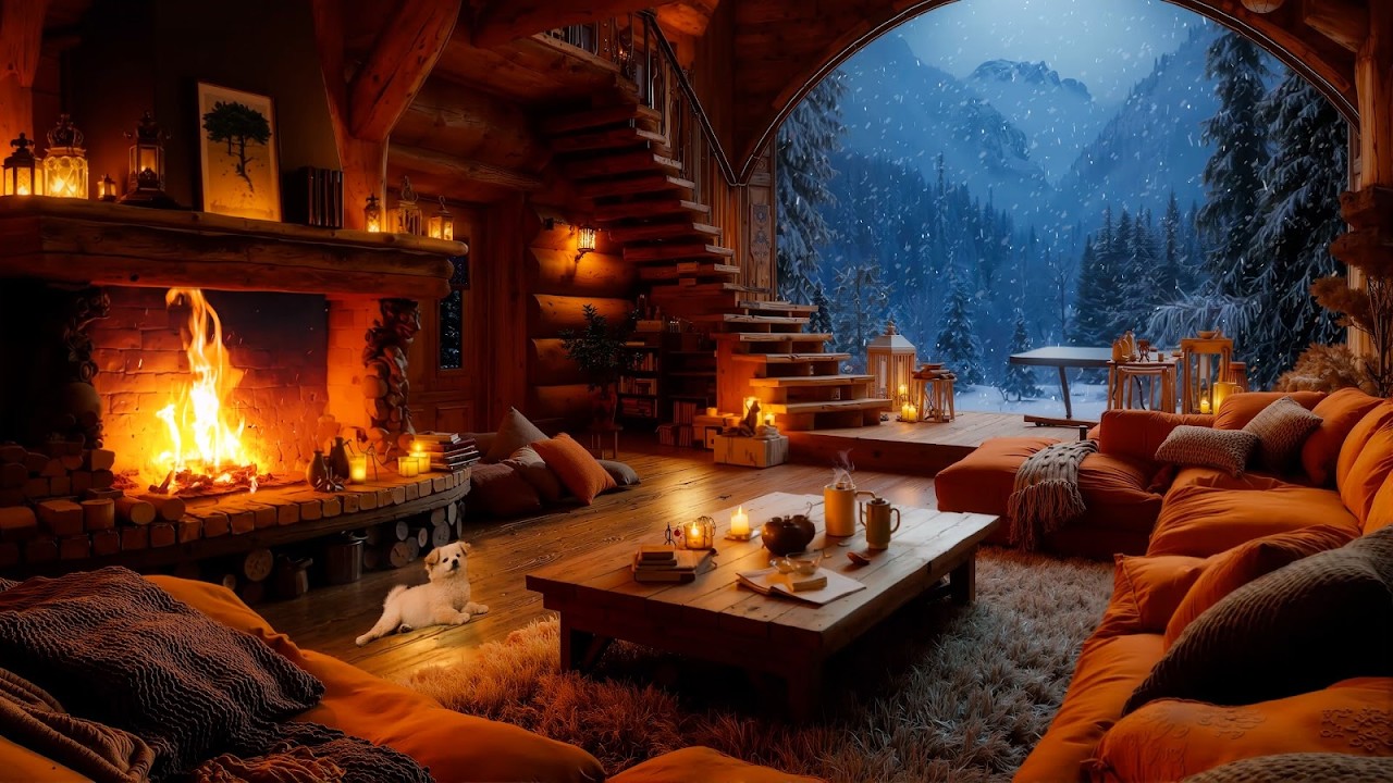Cozy Night Winter Cabin – Fireplace Ambience with Snowfall for Relaxing, Study & Work
