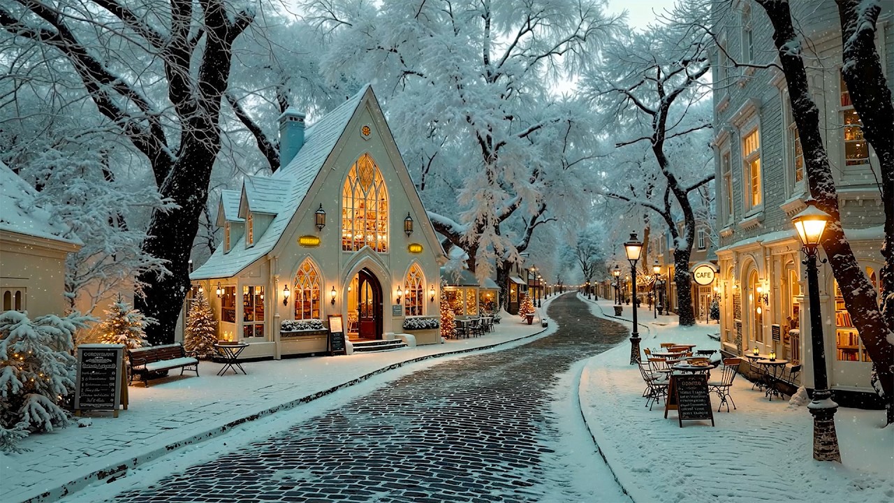 Quiet Winter Town Outdoor Caf&eacute; with Warm Jazz ❄️ Snowy Street Vibes | Morning Jazz for Positive Mood