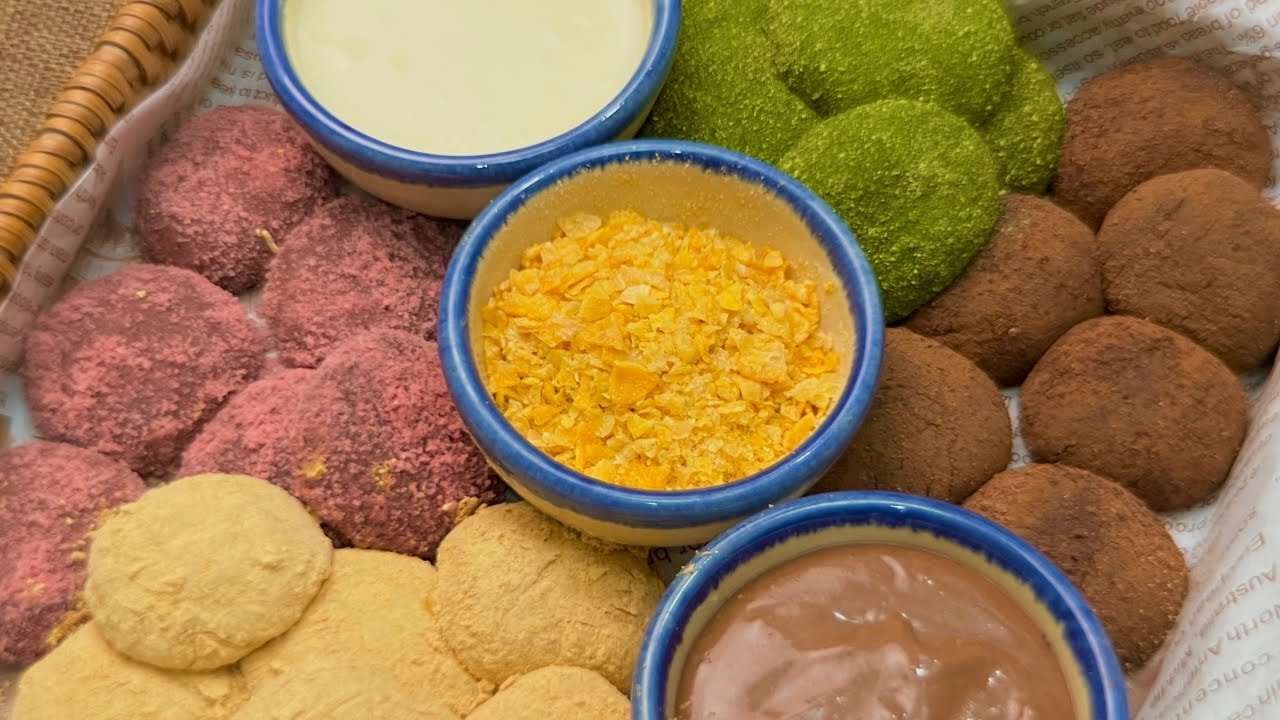 Soft and Chewy Mochi with Salted Cream Cheese Dipping Sauce & Chocolate Dipping Sauce.