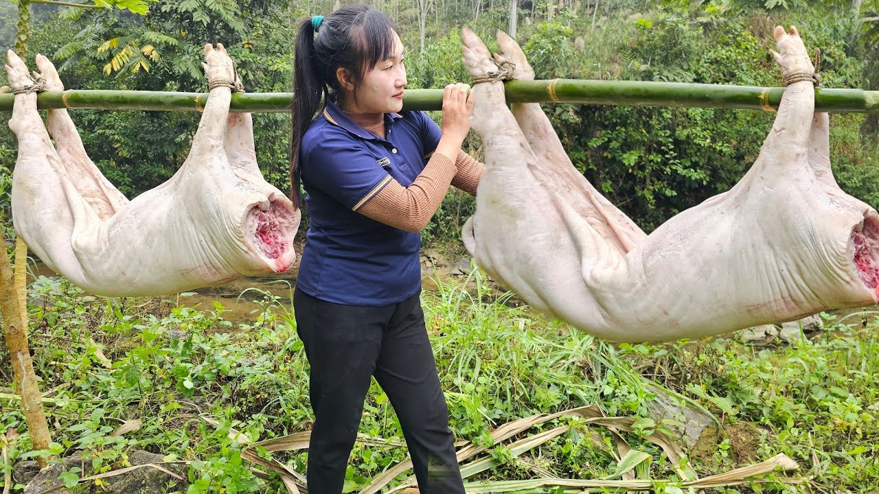 Processing black pork, preserving pork in bamboo tubes and harvest old ginger to sell at the market.