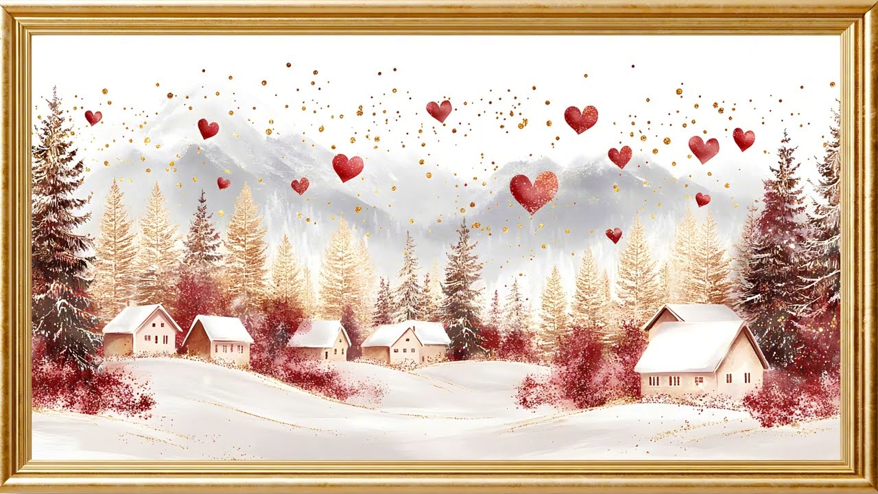 Romantic Winter Village: 4K Cozy Snowy Landscape with Gentle Falling Hearts |  Screensaver for TV ❤️