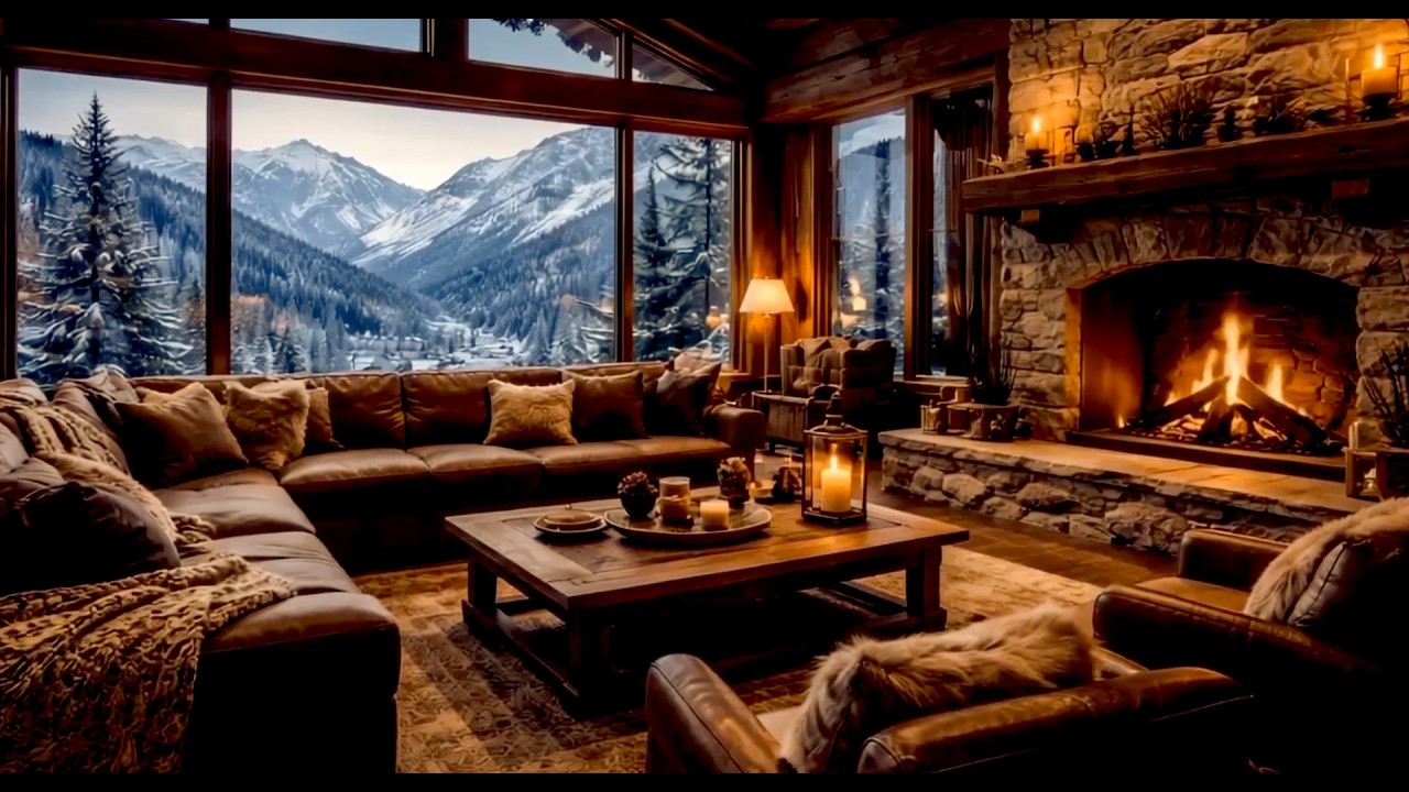 🔥 Cozy Mountain Cabin Fireplace ❄️ Snowy Winter Night Ambience for Deep Sleep & Relax