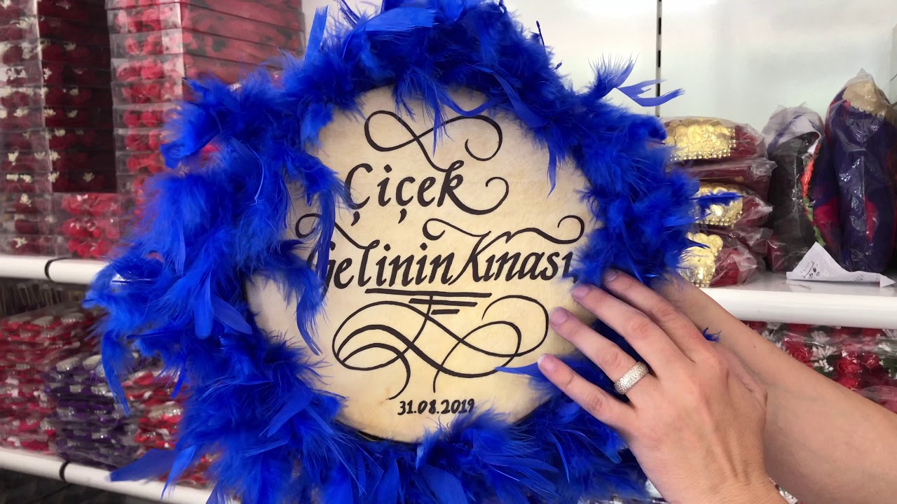 22 cm Saks Mavi Süslü ve Yazılı Gelin Kına Tefi