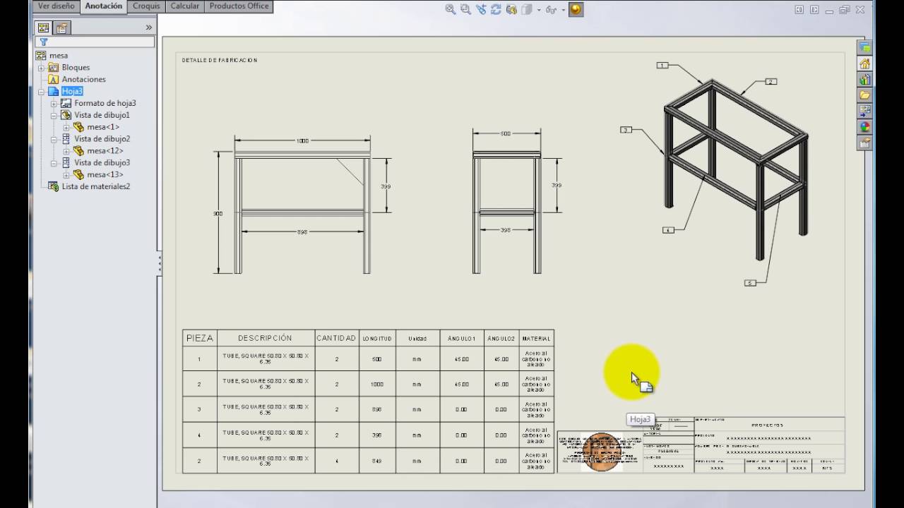 Solidworks  estructural con lista de materiales