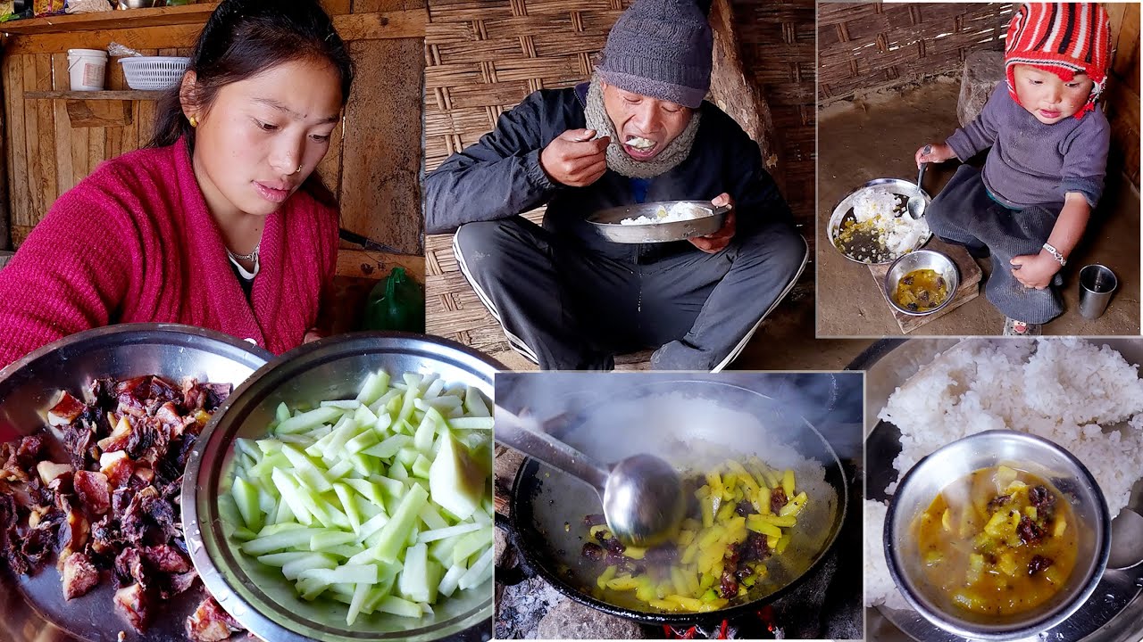 manjita somuhang's recipe  buff & chayote mix curry RICE for themselves || Himalayan family ||