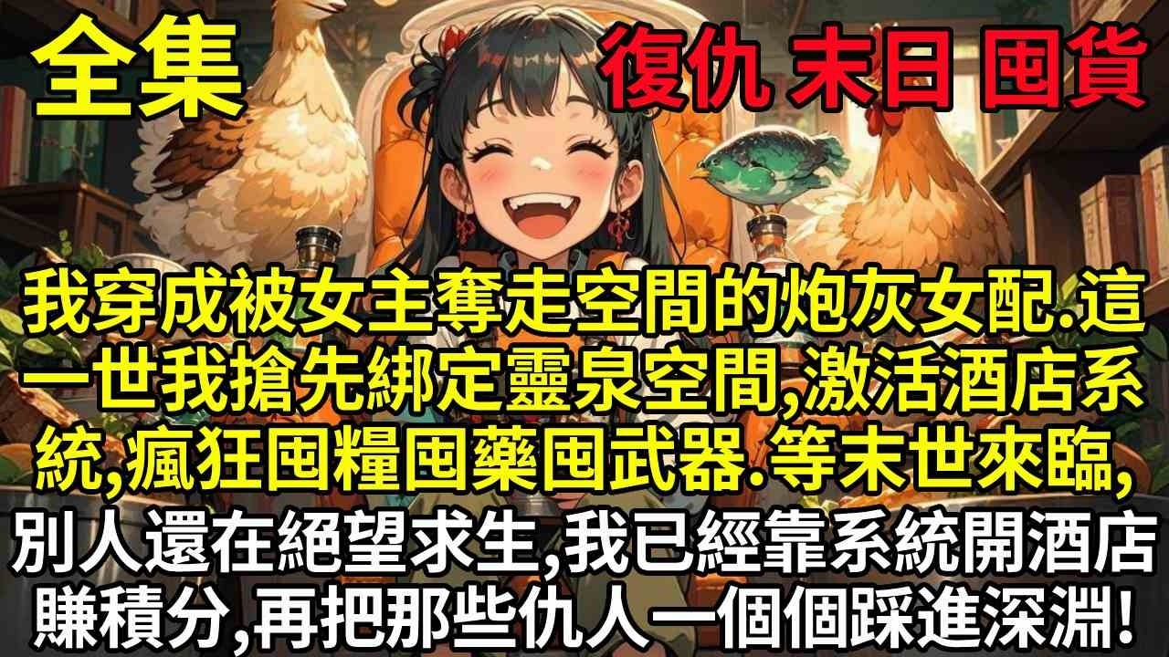 我穿成被女主奪走空間的炮灰女配。這一世我搶先綁定靈泉空間，激活酒店系統，瘋狂囤糧囤藥囤武器。等末世來臨，別人還在絕望求生，我已經靠系統開酒店賺積分，再把那些仇人一個個踩進深淵！