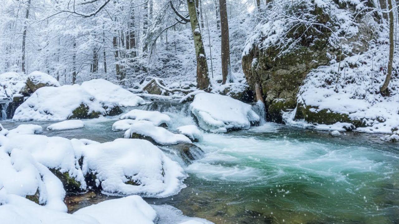 Soothing Winter River Sounds ASMR. Snowy Forest Stream  White Noise for Sleep, Study, Meditation